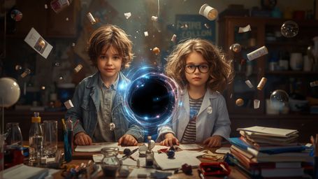 In a vibrant, cinematic photograph styled like a Pixar animation, two enthusiastic science fair partners—a boy with messy bro