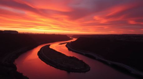 A captivating image showcasing a graceful river winding its way through a landscape bathed in the dramatic glow of an orange-
