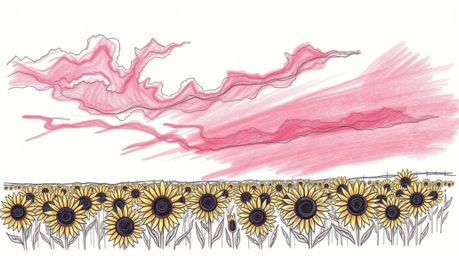 A captivating hand-drawn sketch depicting a sunflower field bathed in the dramatic light of a deep red and purple sunset sky.