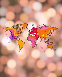 This vibrant hand-drawn illustration features a world map creatively formed from bright, colorful splashes in a sketchnote st