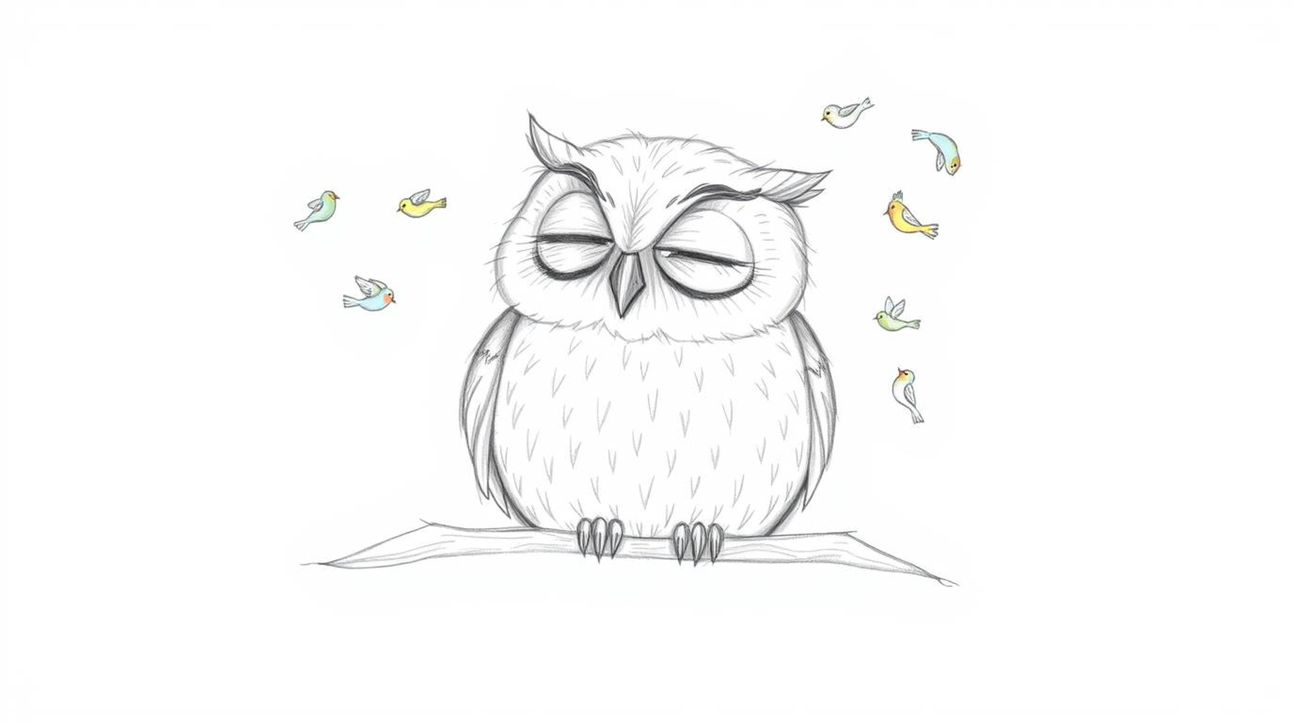 A heartwarming hand-drawn pencil sketch in the style of Pixar depicts a blind owl with soft, feathery texture, peacefully res