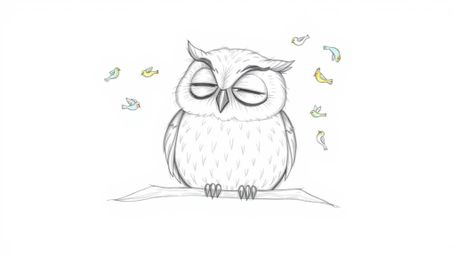 A heartwarming hand-drawn pencil sketch in the style of Pixar depicts a blind owl with soft, feathery texture, peacefully res