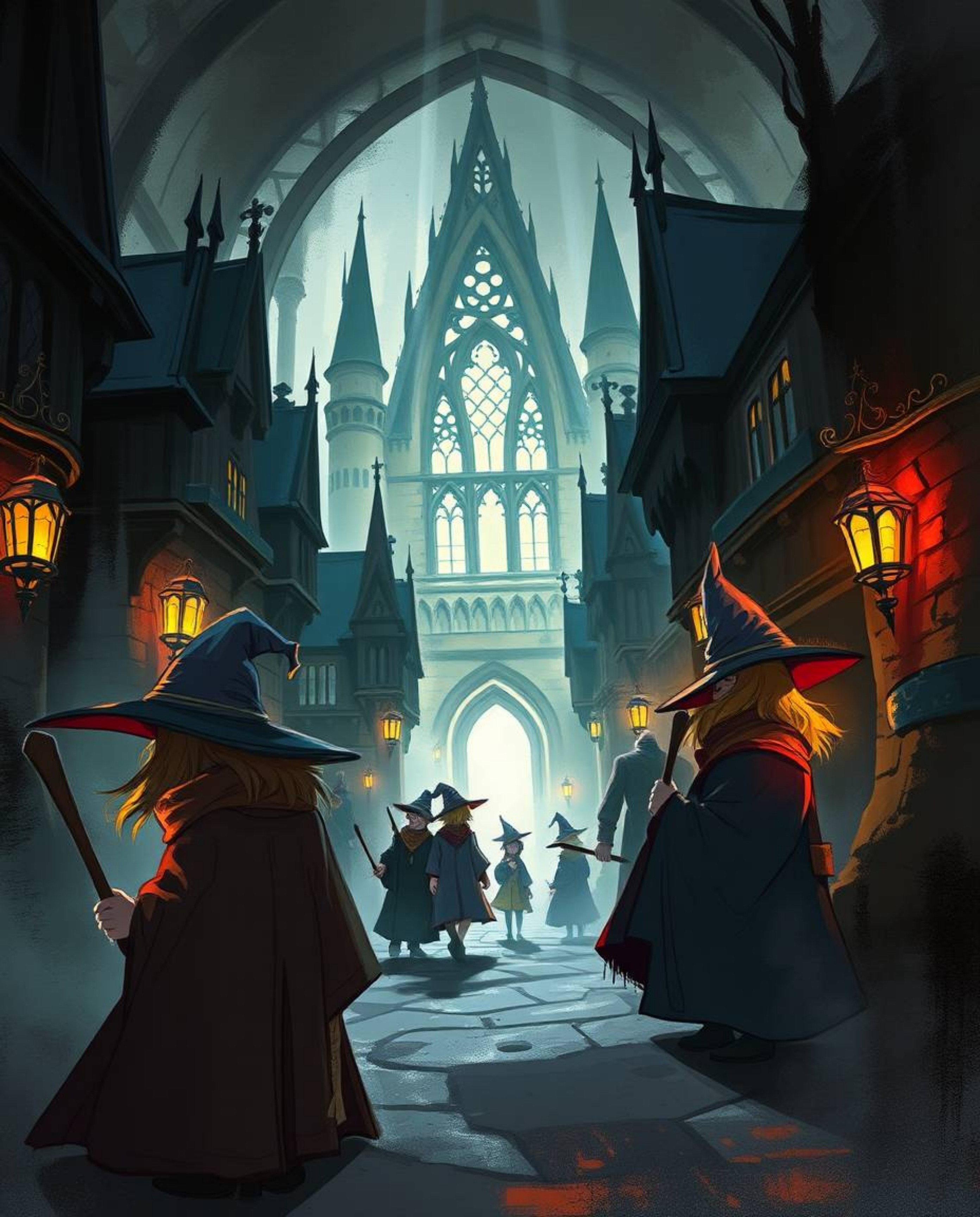 Explore a dynamic digital sketch of a magical school teeming with young wizards, rendered in loose, painterly strokes and a c