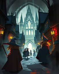 Explore a dynamic digital sketch of a magical school teeming with young wizards, rendered in loose, painterly strokes and a c