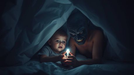 A captivating image depicts a child and a monster under a bed, bathed in a soft, ethereal glow. Deep shadows enhance the myst