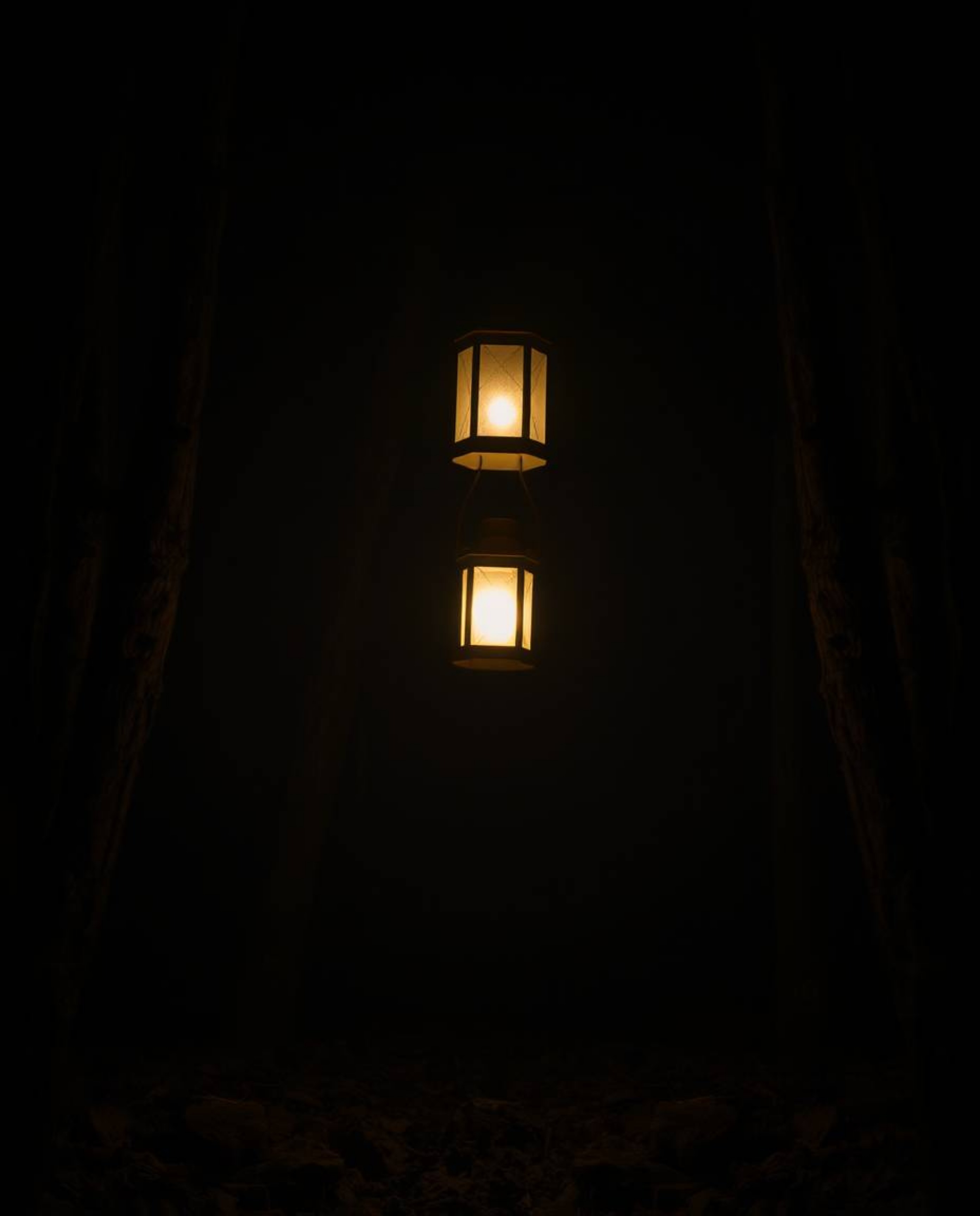 A glowing lantern illuminates the darkness of a forest, creating a scene filled with intense dramatic lighting and natural ea