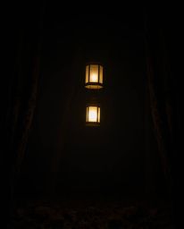 A glowing lantern illuminates the darkness of a forest, creating a scene filled with intense dramatic lighting and natural ea