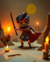 A brave hero embarks on a thrilling desert adventure, crafted in the meticulous style of folded paper origami. Warm candleli