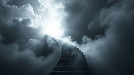 A high contrast, low-key lighting ethereal photograph depicts a winding smoke and light stairway ascending into a vast cloudy