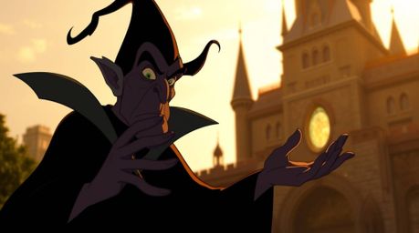 A captivating digital artwork depicting a classic Disney villain casting a spell within an ancient castle. The scene is bathe
