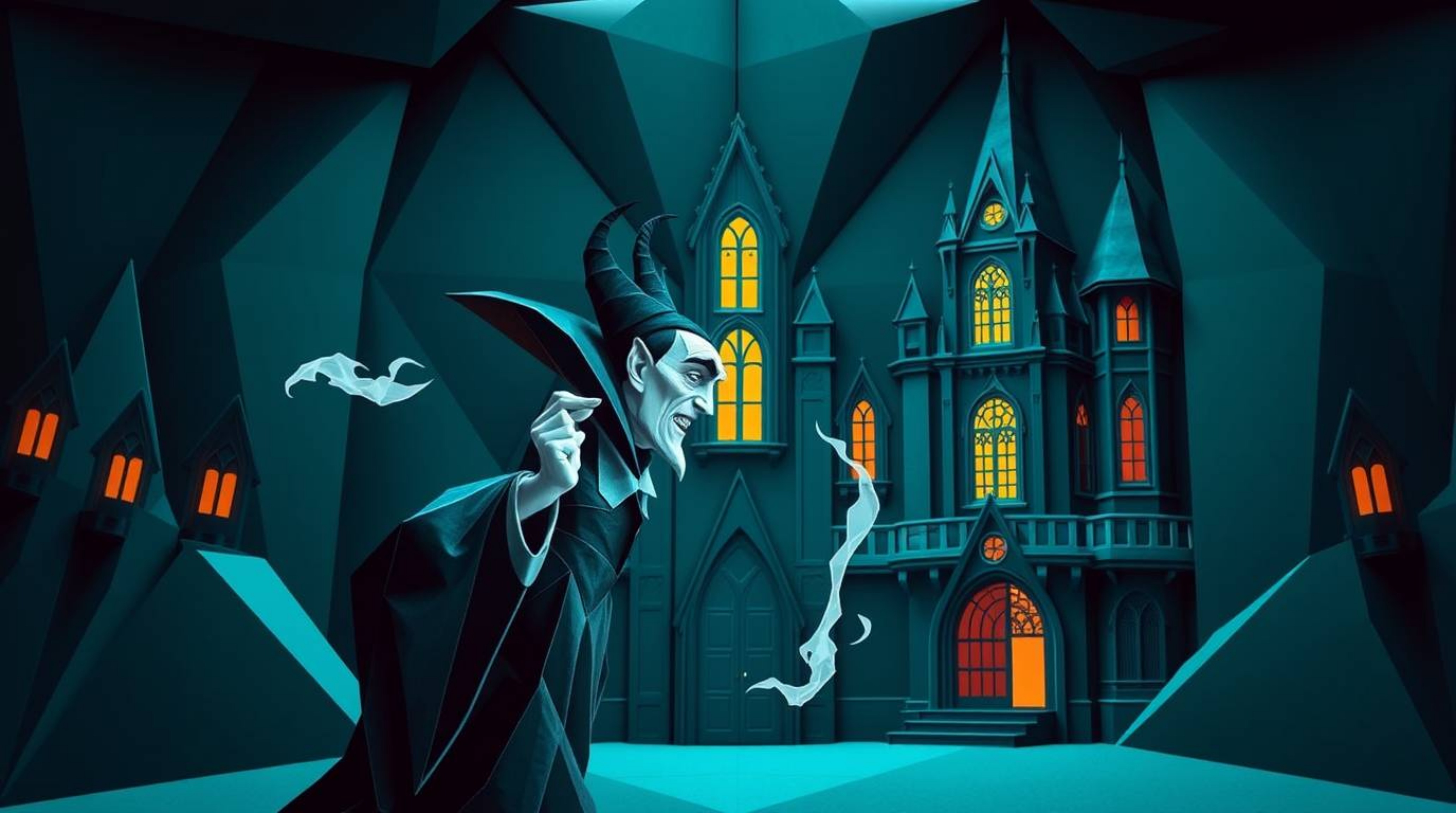 A visually stunning artwork featuring an intricate origami-style illustration with rich deep teal hues depicting a classic Di
