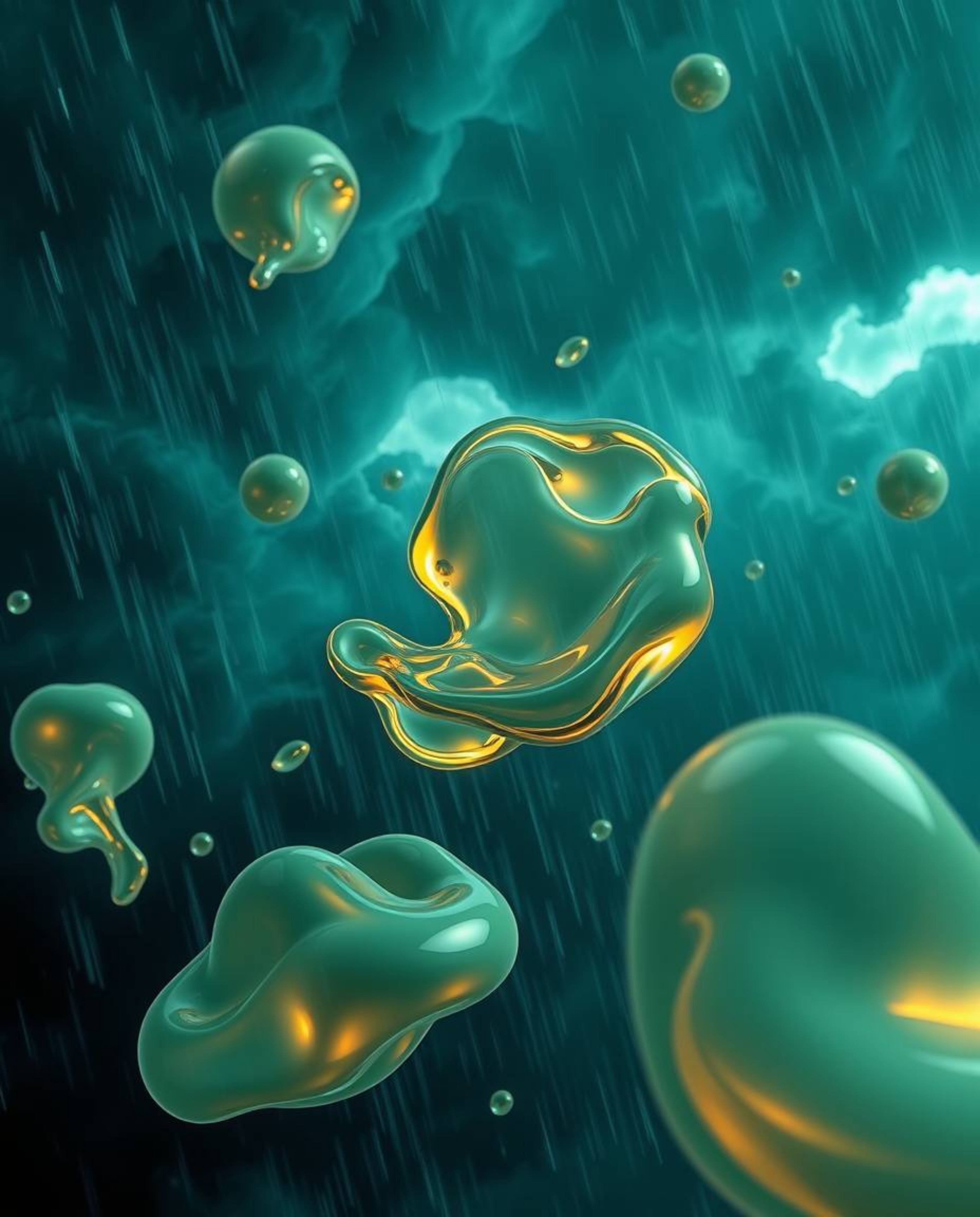Experience a captivating 3D render showcasing fluid organic blobs made of translucent materials, elegantly floating in space 