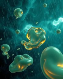 Experience a captivating 3D render showcasing fluid organic blobs made of translucent materials, elegantly floating in space 