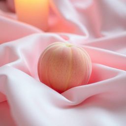 A soothing, high-resolution close-up ASMR image showcasing a soft, blushing pink peach resting on silky pastel pink fabric. W