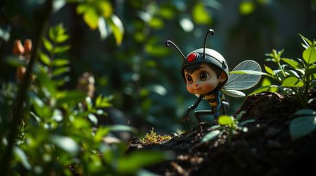 Discover a captivating image of an adorable, bug-sized hero embarking on an exciting adventure through a vibrant backyard jun