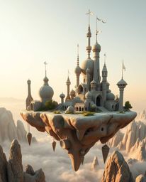 Explore a whimsical surreal floating island with bizarre and captivating architecture, brought to life in a unique sculptural