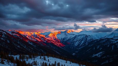 A dramatic, high-tension scene unfolds, depicting snow-covered mountains bathed in the soft glow of a pastel sunset. Warm aut