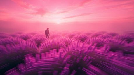 A dynamic motion painting capturing lavender fields aglow beneath a dreamy pink sky, characterized by blurred lines and volum