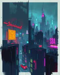 A captivating digital painting depicts a futuristic city engulfed in a glitch, featuring flickering lights, shattered hologra