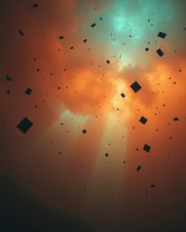 Explore the captivating contrast of warm terracotta and cool teal in volumetric lighting, a surreal scene featuring a storm w