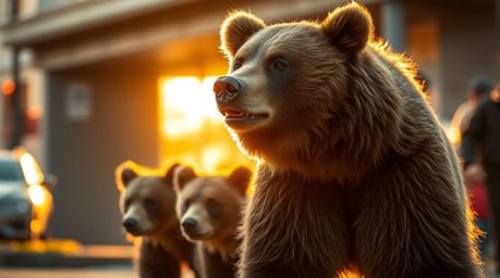 Explore the captivating world of a bear family's urban adventure in this macro close-up shot. Bathed in the warm, golden hour