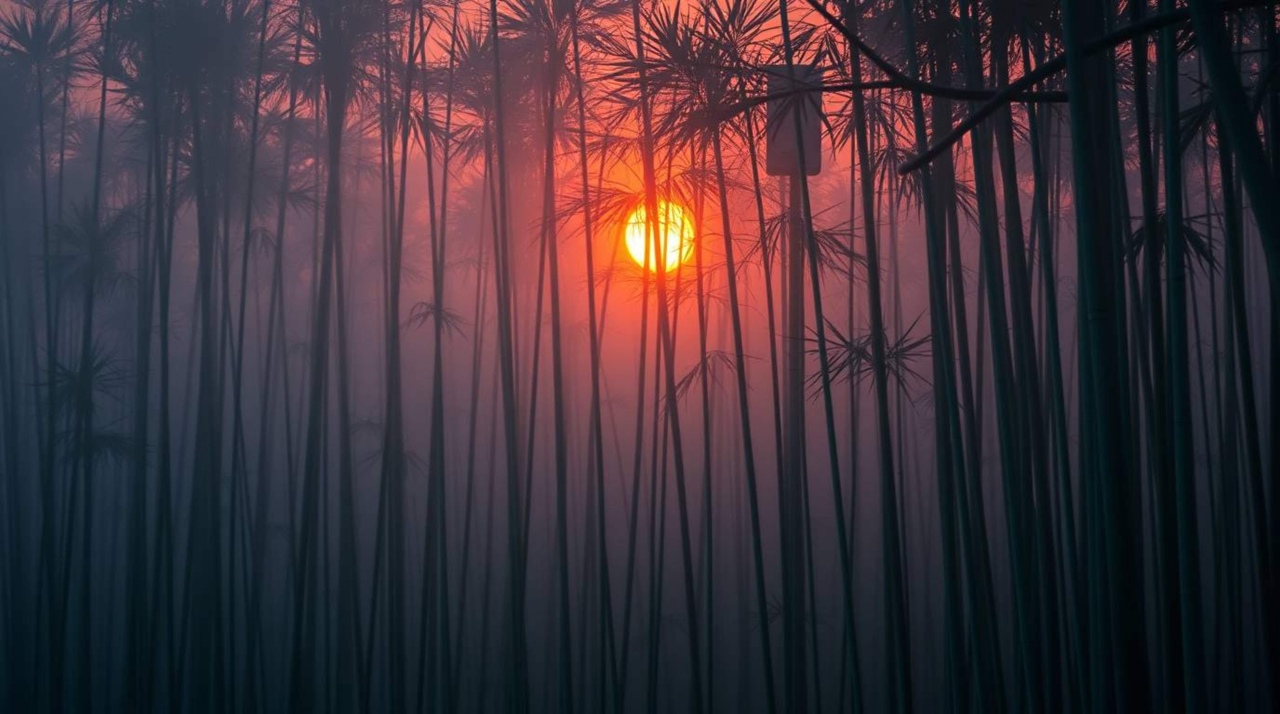 Experience the serenity of a bamboo forest bathed in warm sunset light, where thick fog creates an ethereal atmosphere of low