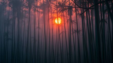 Experience the serenity of a bamboo forest bathed in warm sunset light, where thick fog creates an ethereal atmosphere of low