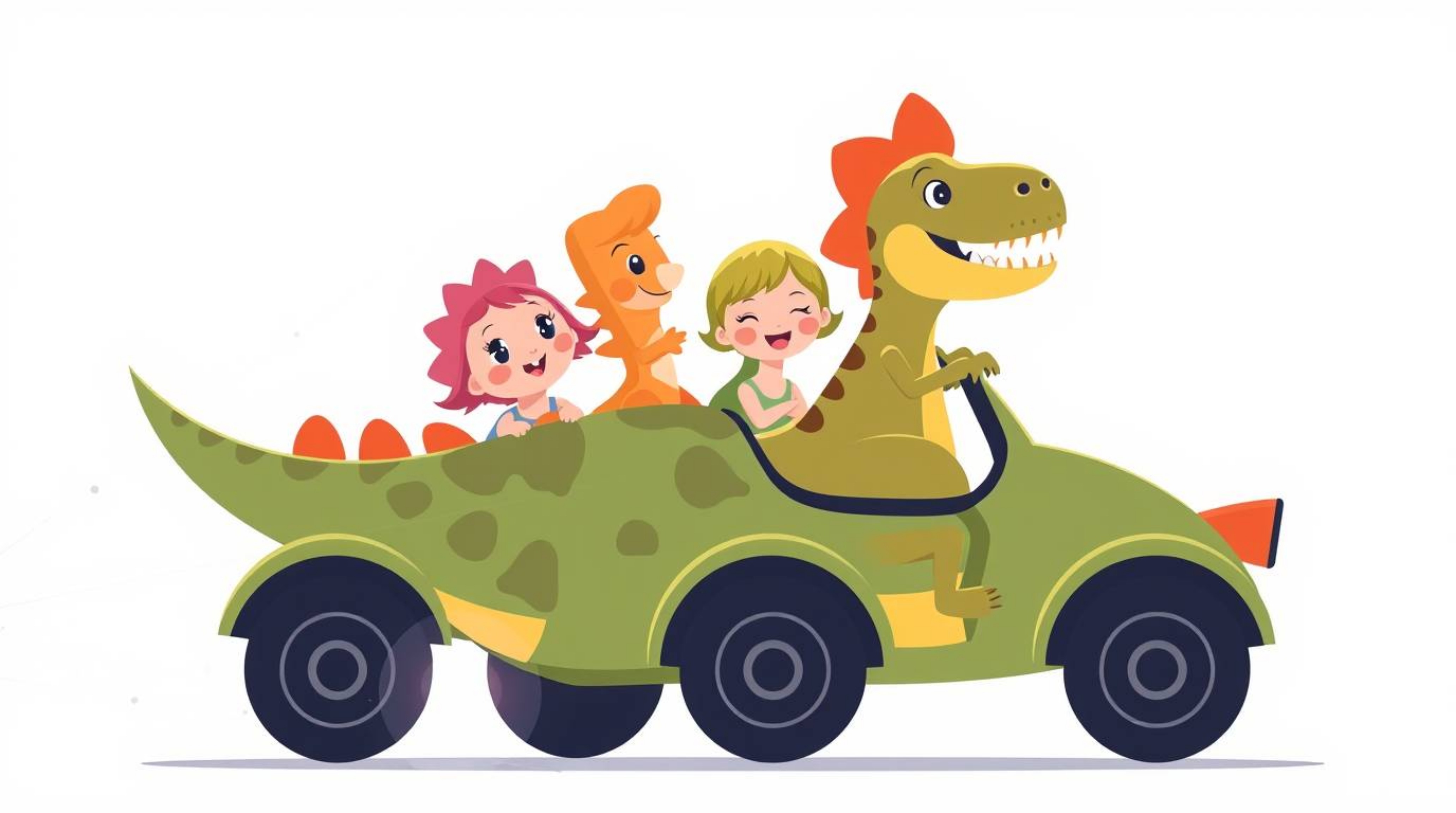 A charming prehistoric family enjoys a whimsical ride in their dinosaur car! This vibrant, flat-design illustration features 