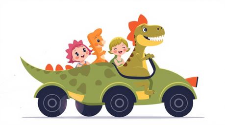 A charming prehistoric family enjoys a whimsical ride in their dinosaur car! This vibrant, flat-design illustration features 