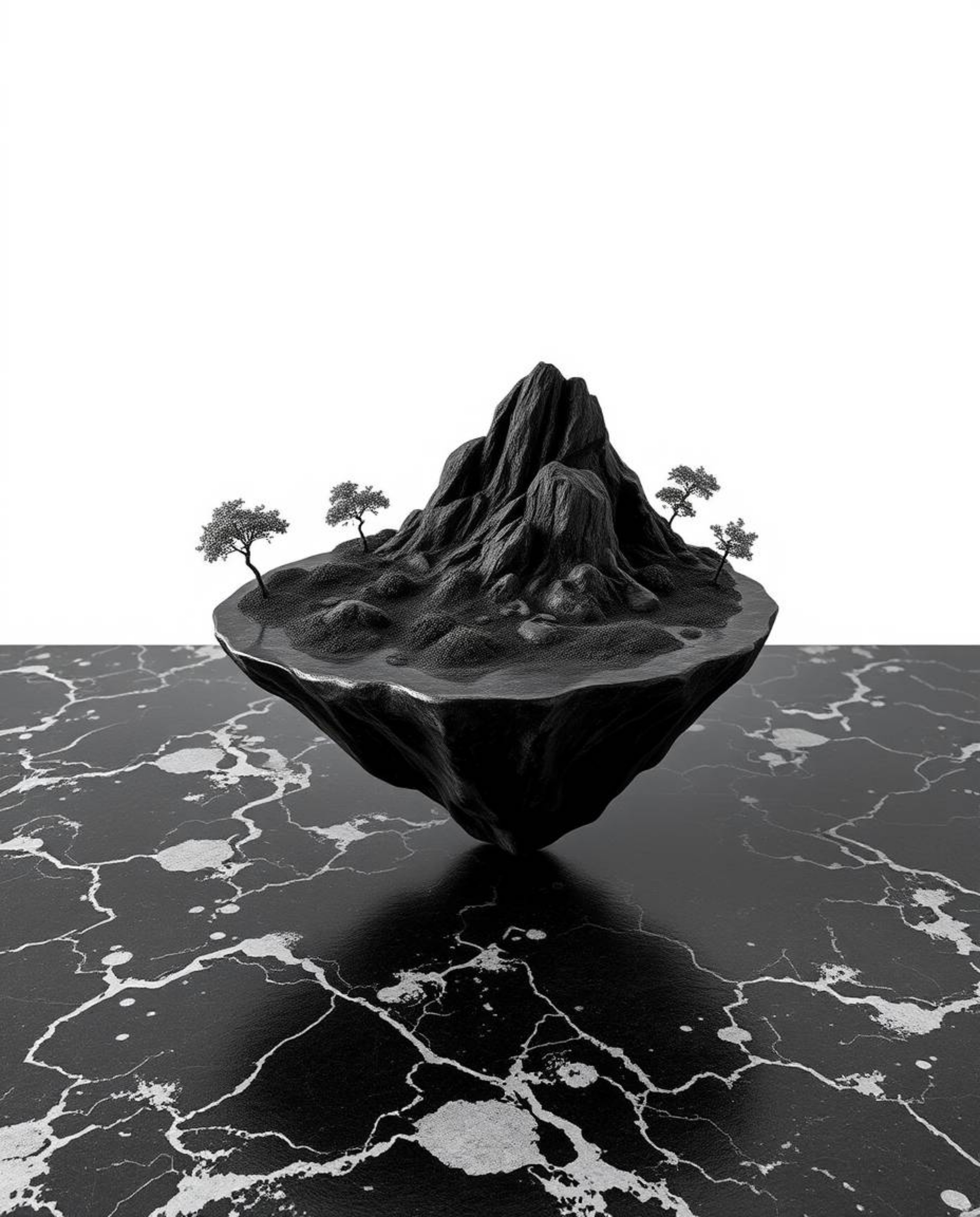 A captivating cast bronze sculpture featuring a classic black and white palette, this piece depicts a surreal floating island