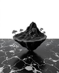 A captivating cast bronze sculpture featuring a classic black and white palette, this piece depicts a surreal floating island