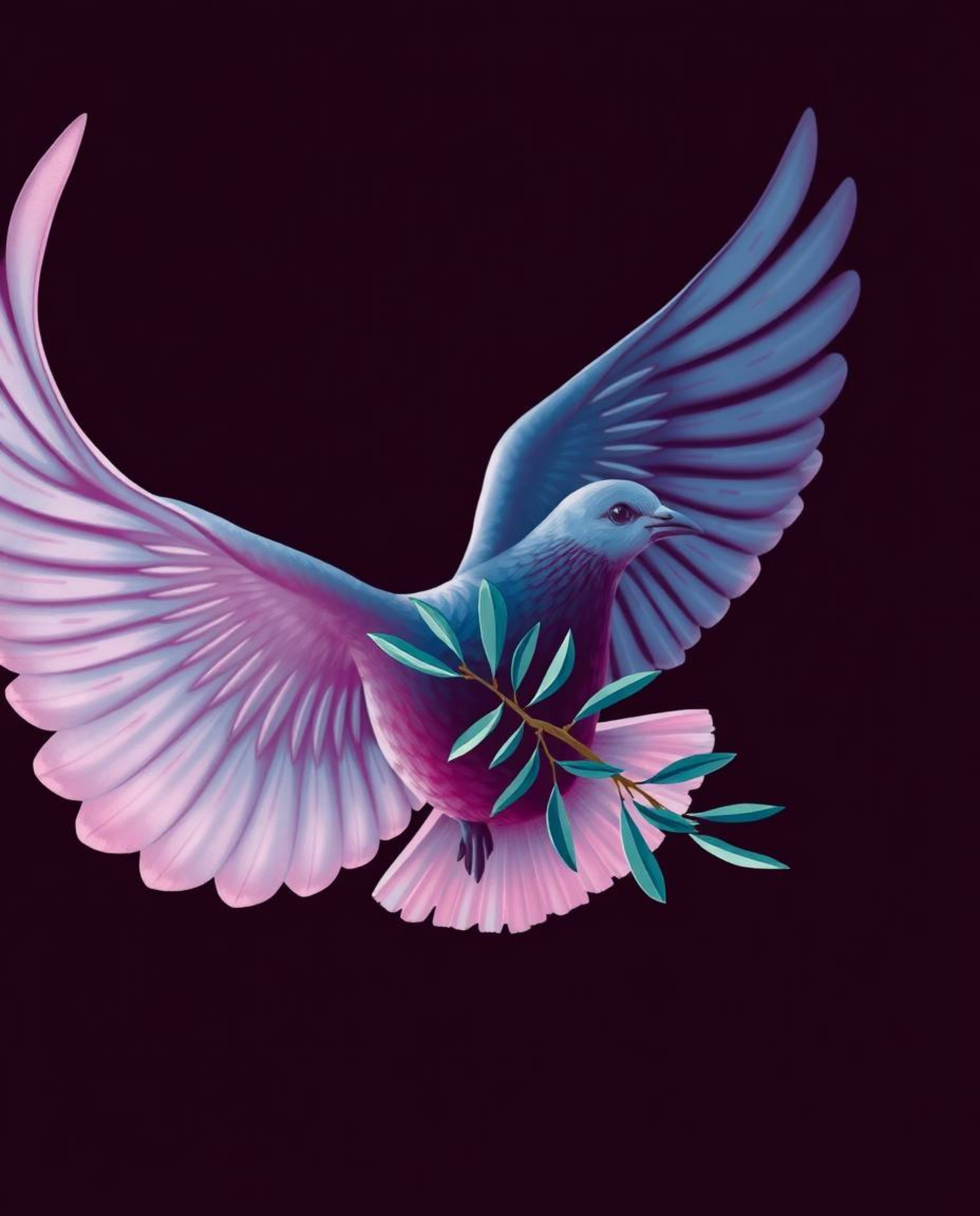 This artwork presents a captivating bird's eye view of a dove carrying an olive branch, dominated by rich burgundy and deep b