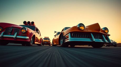 Experience the thrill of a wacky racing scene captured from a dramatic low angle perspective. Outlandish cars speed through a