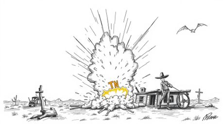 Experience the thrill of the Wild West with a classic exploding TNT gag, brought to life in a dramatic, hand-drawn style. Thi