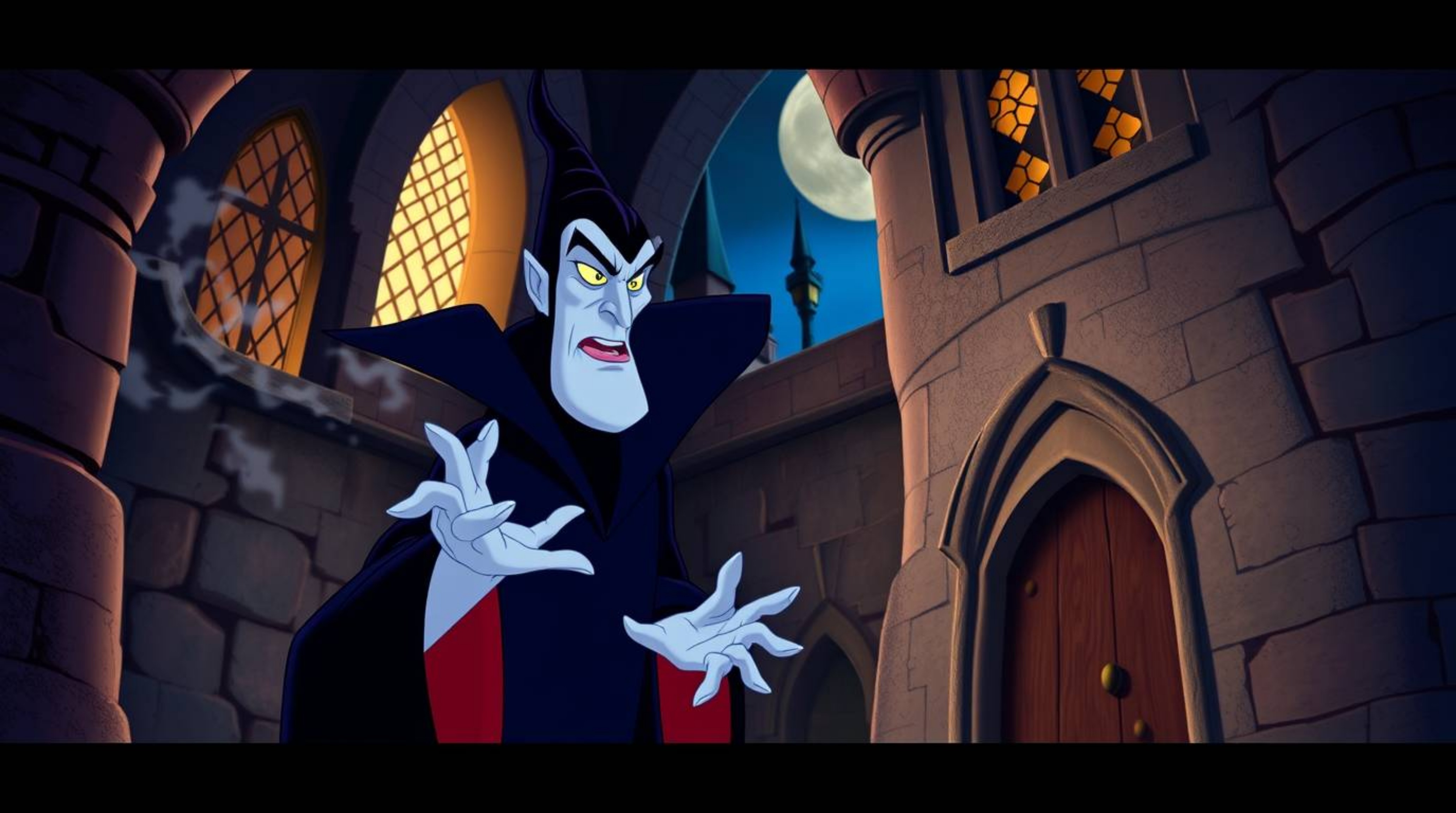 A captivating digital illustration depicts a classic Disney villain with striking features casting a spell within the walls o