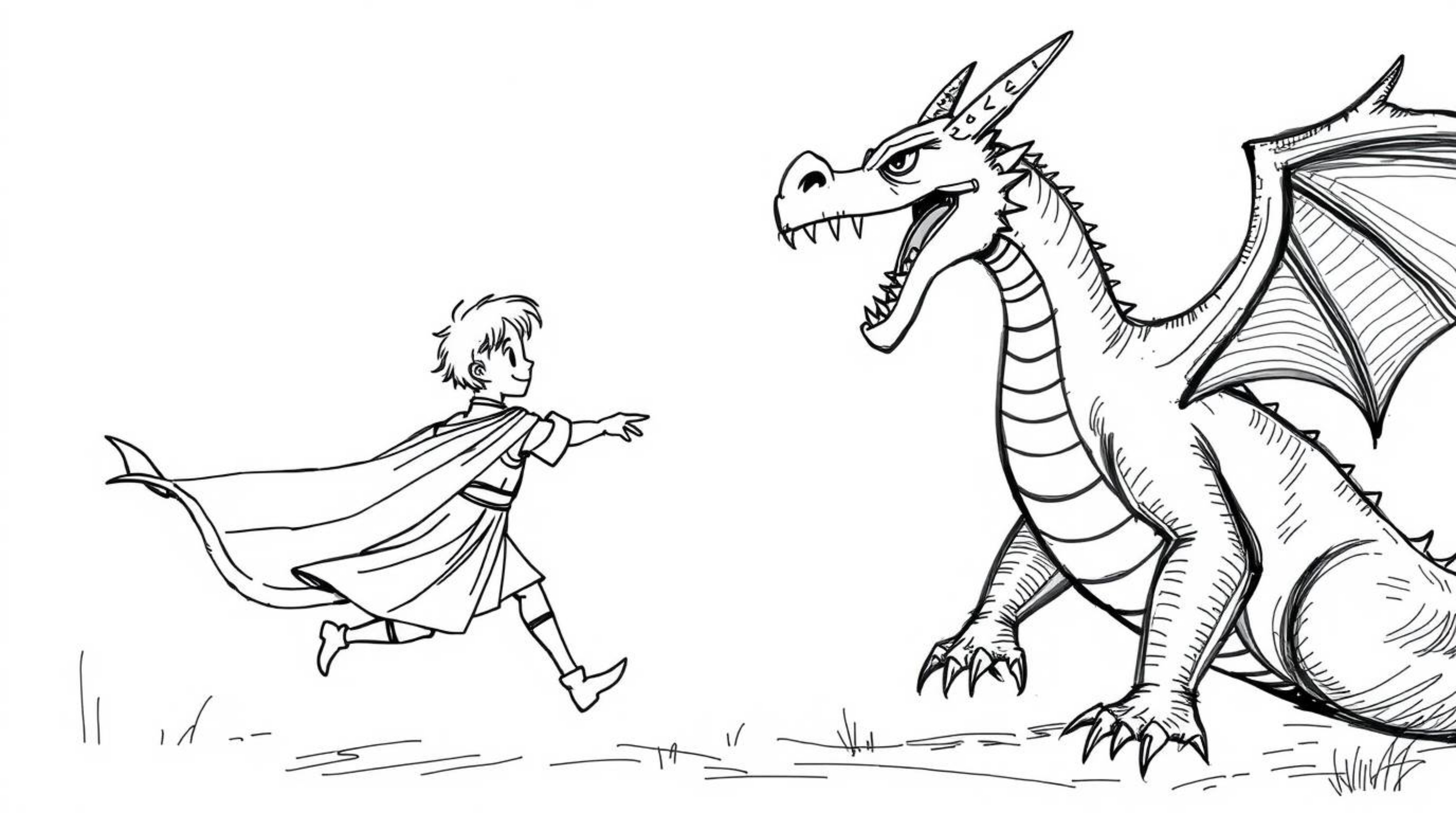 A captivating hand-drawn sketch in the style of 1950s animation depicts a charming prince bravely battling a fierce dragon.  