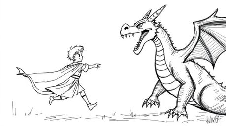 A captivating hand-drawn sketch in the style of 1950s animation depicts a charming prince bravely battling a fierce dragon.  