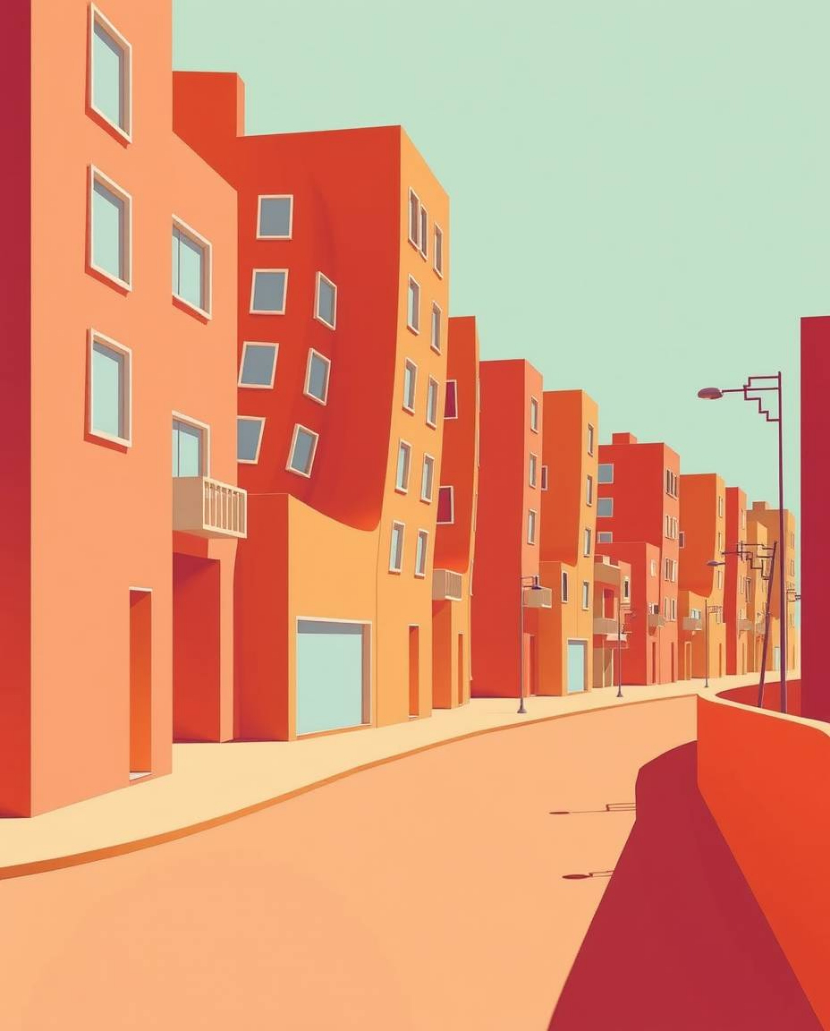 Explore a captivating surreal street scene featuring buildings that elegantly fold and twist in a mesmerizing display. Domina