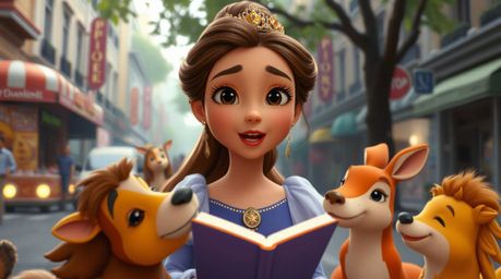 A captivating scene unfolds in a vintage 2D animation style, showcasing a princess with sparkling dark eyes sharing a spontan