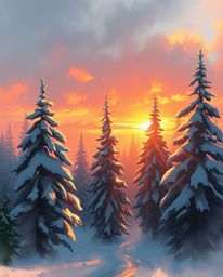 A dynamic digital sketch in bright lens flare and complementary epic colors, depicting sunset light sparkling on snowy pine t