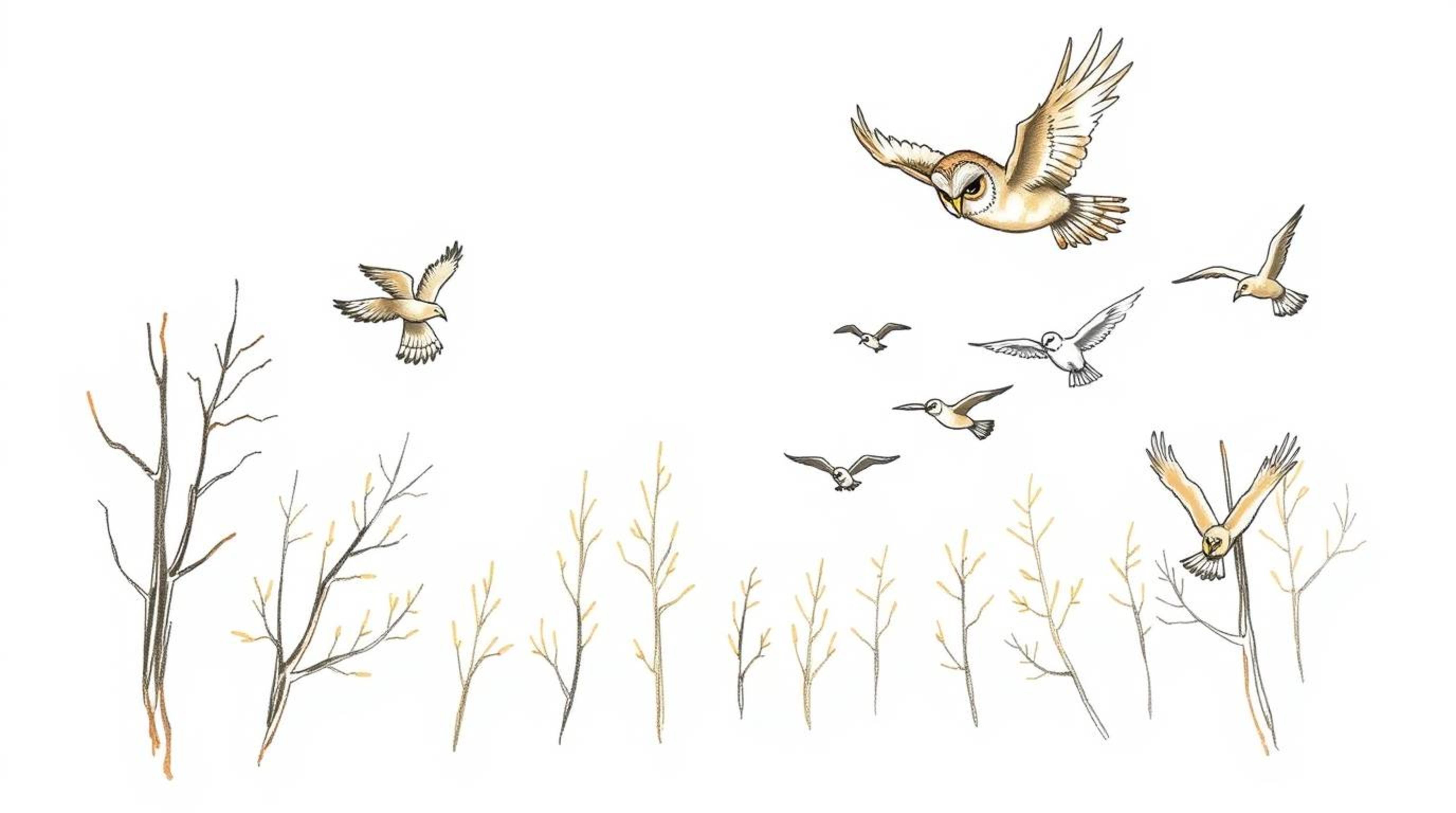 A heartwarming hand-drawn sketch depicts a blind, endearing owl with soft plumage guiding a diverse flock of birds in flight.
