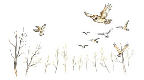 A heartwarming hand-drawn sketch depicts a blind, endearing owl with soft plumage guiding a diverse flock of birds in flight.