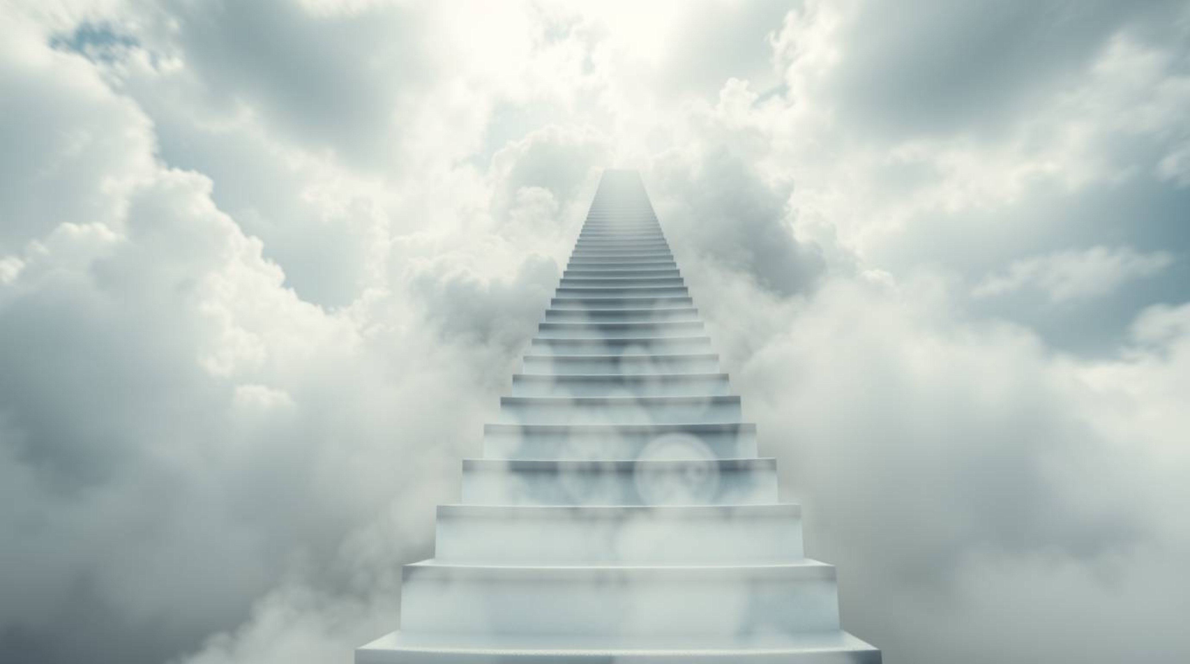 A captivating image depicts a winding stairway constructed of smoke and light, ascending into a hazy, cloudy sky.  The sharp 