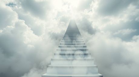 A captivating image depicts a winding stairway constructed of smoke and light, ascending into a hazy, cloudy sky.  The sharp 