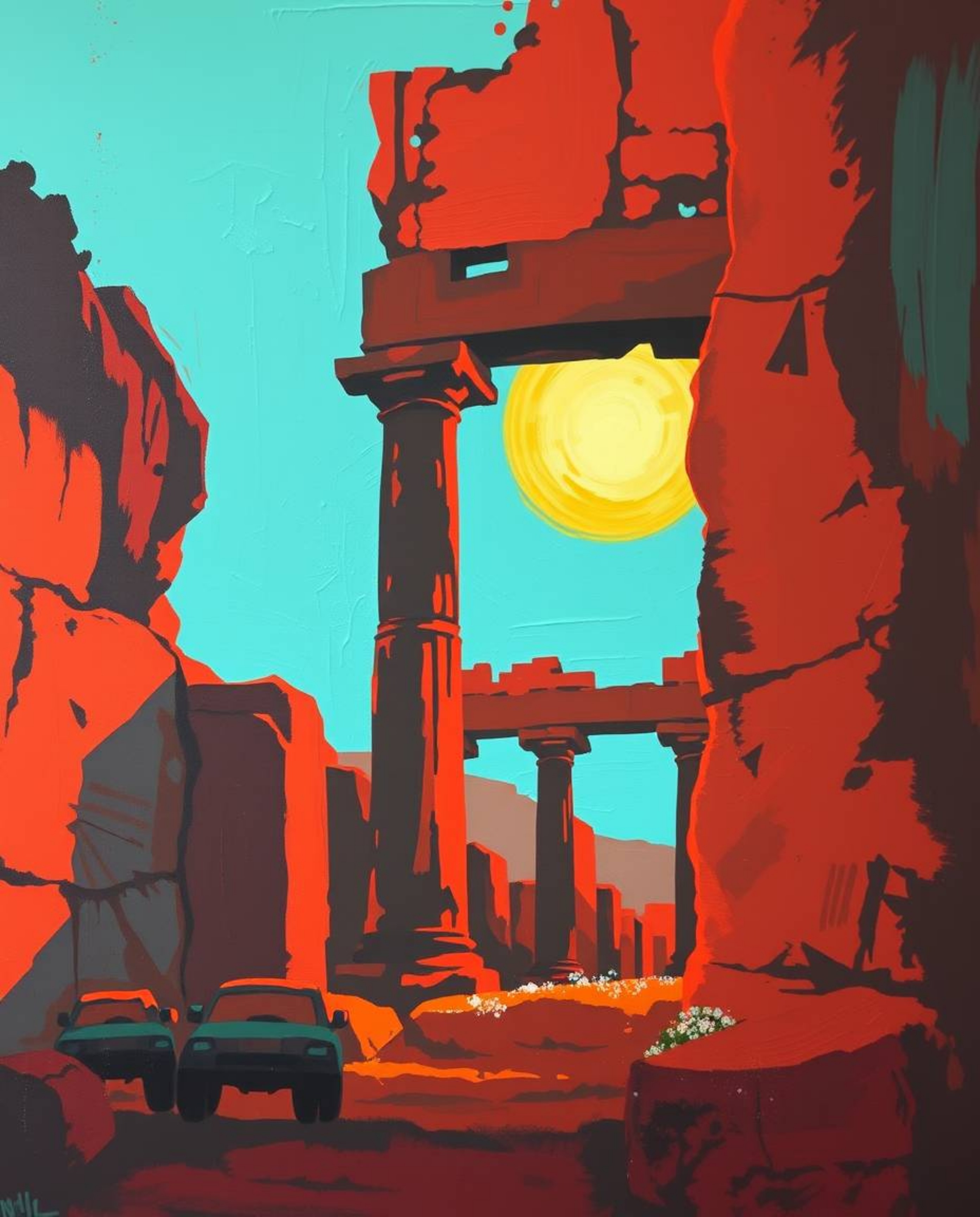 A bold acrylic painting of a sunset casting shadows through ancient stone ruins. The artwork features a warm terracotta and c