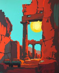 A bold acrylic painting of a sunset casting shadows through ancient stone ruins. The artwork features a warm terracotta and c