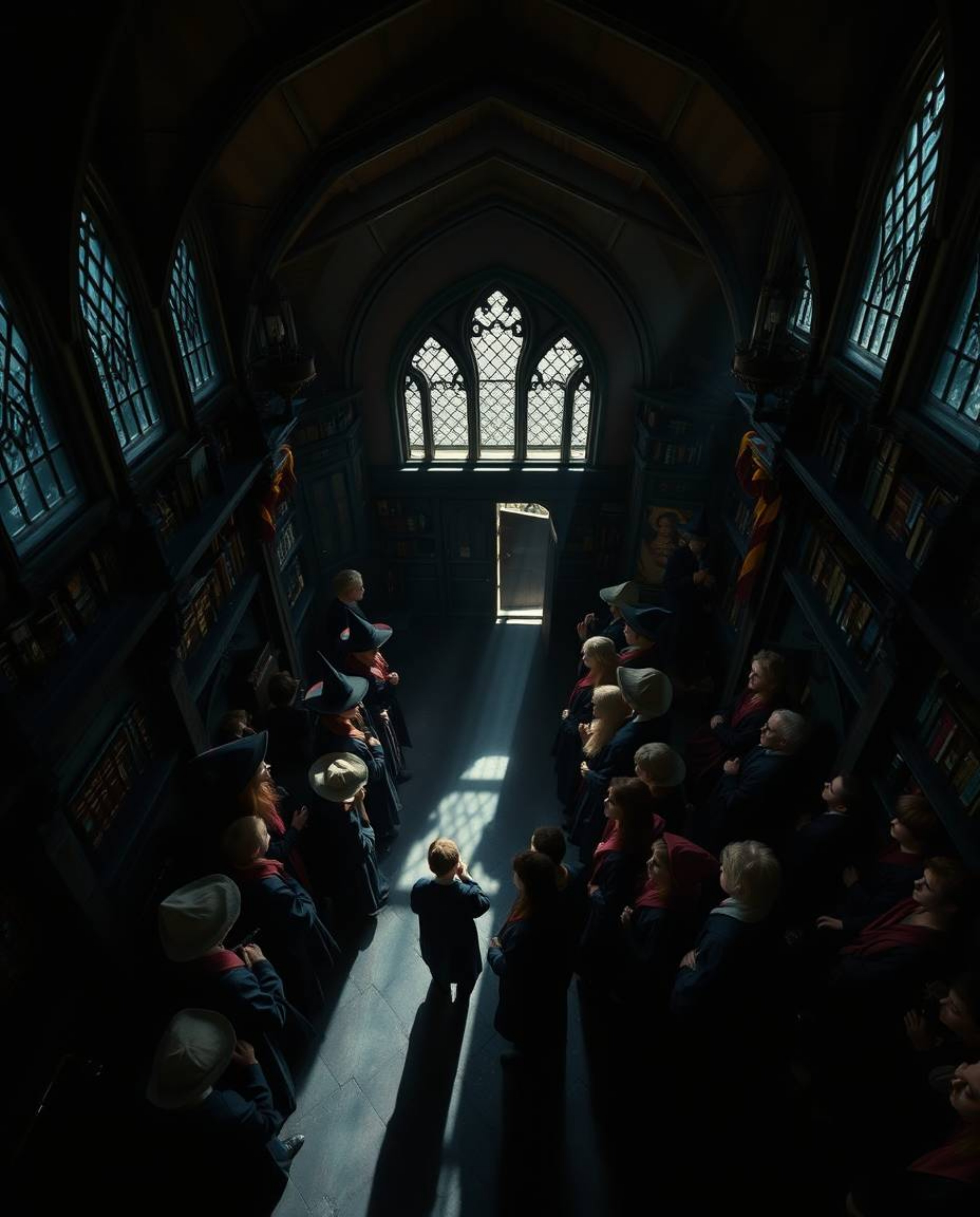Explore a breathtaking high-angle view of a magical school teeming with young wizards, bathed in dramatic chiaroscuro lightin