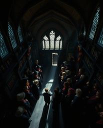 Explore a breathtaking high-angle view of a magical school teeming with young wizards, bathed in dramatic chiaroscuro lightin