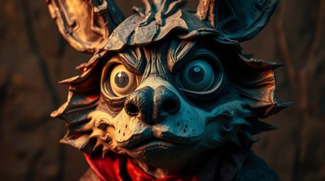 Discover a captivating portrait of a sarcastic animal sidekick, meticulously crafted from layered papier-mâché. Intense dram