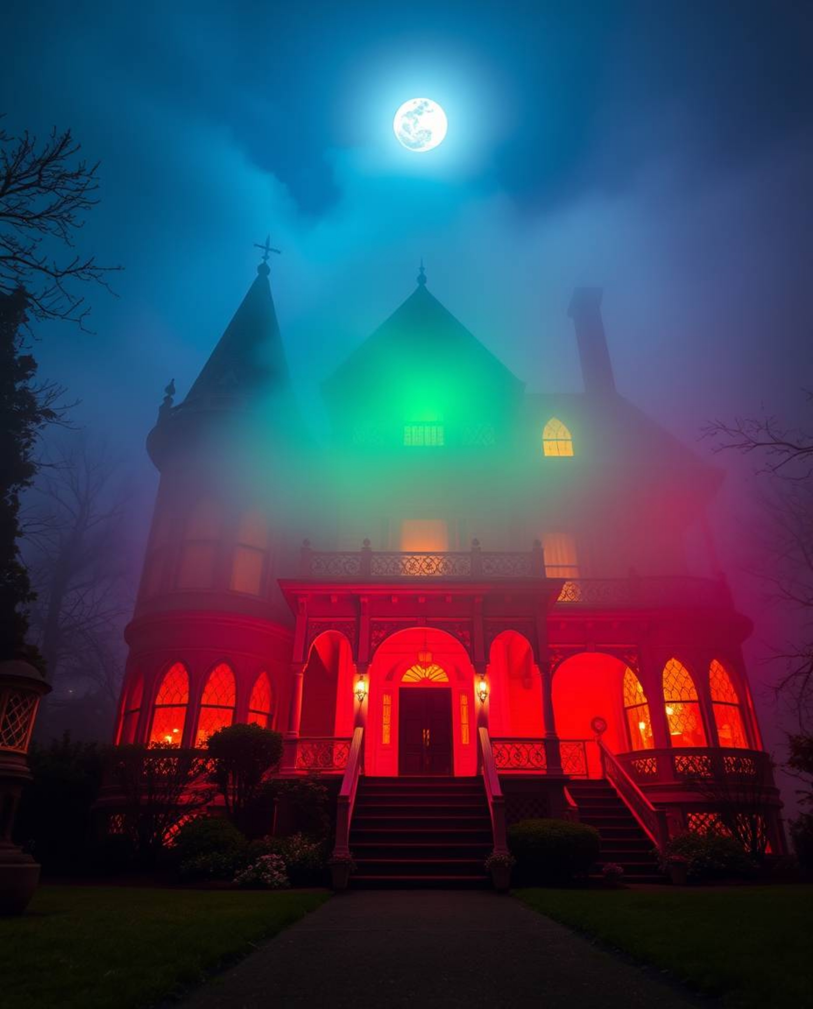 Experience the enchanting allure of a fog-covered Victorian mansion bathed in ethereal moonlight. Bioluminescent colors illum